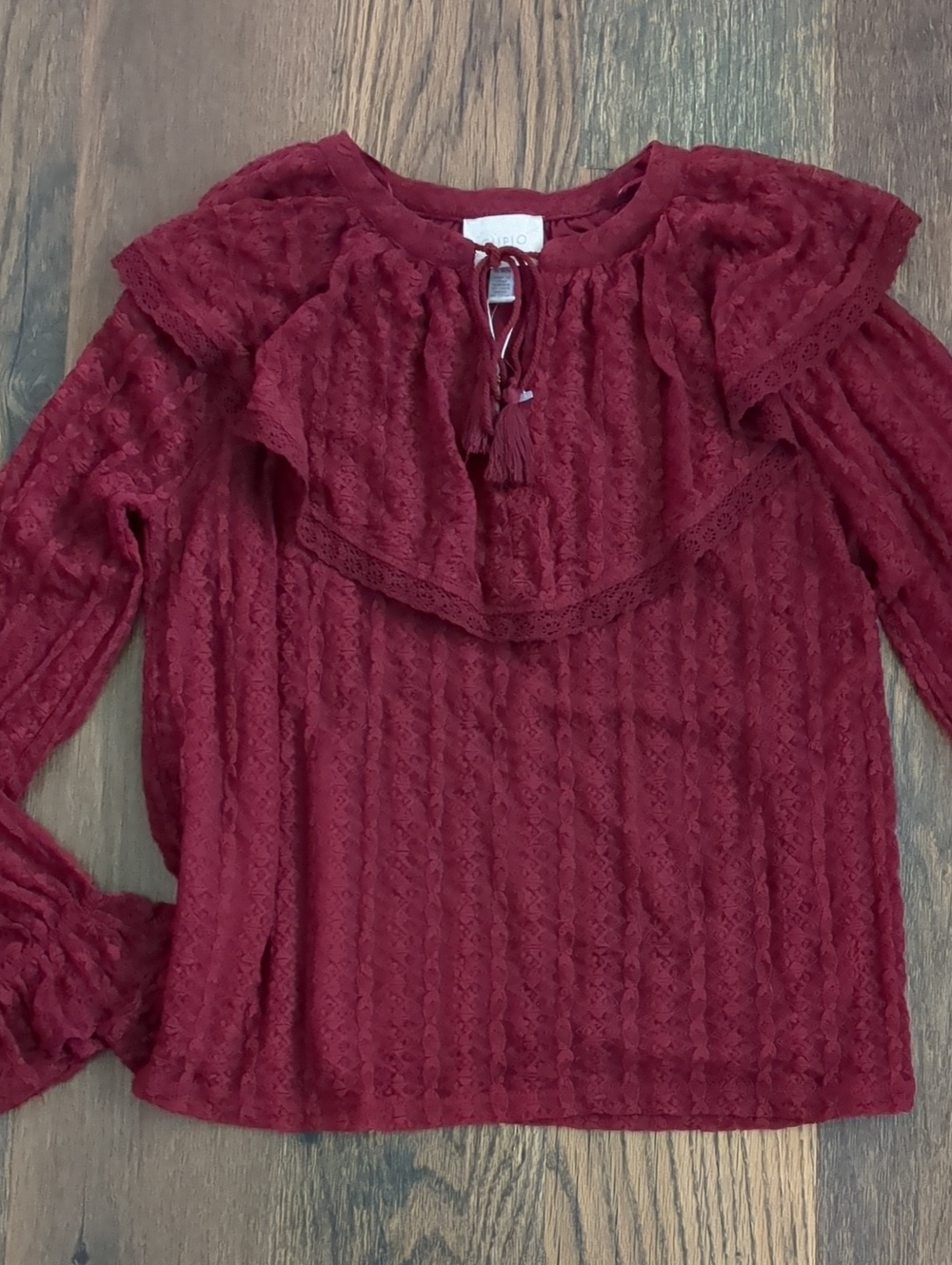 Cupio Burgundy Lace Ruffle Long Sleeve Blouse, Size Medium, NEW, nwt